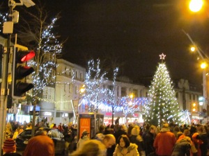 Christmas Tree and lights on Saint Patrick's Street. 